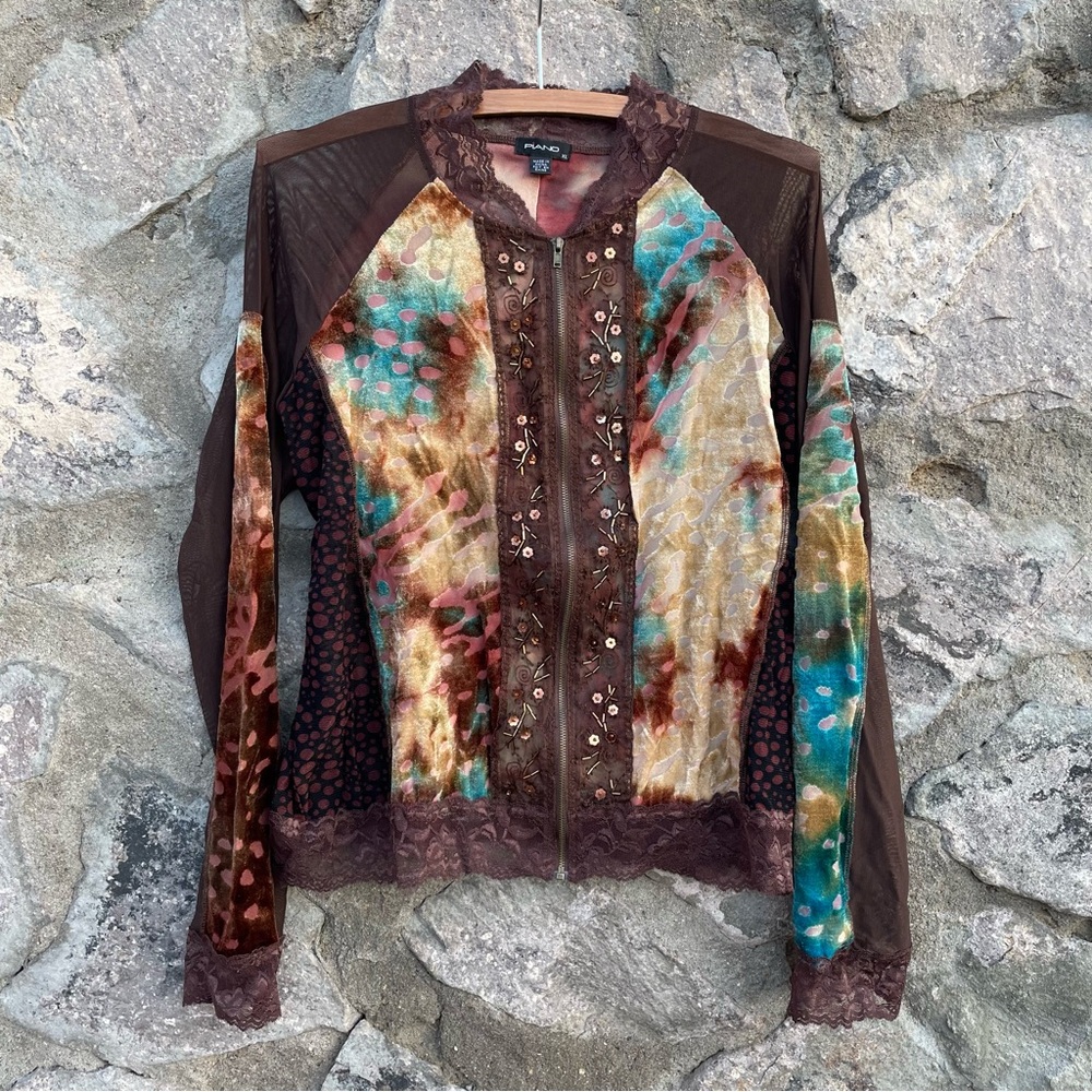 5/$25🌱 Piano | Beaded Sequin Velvet Tie-Dye Patchwork Mesh Zip-Up Jacket Blouse